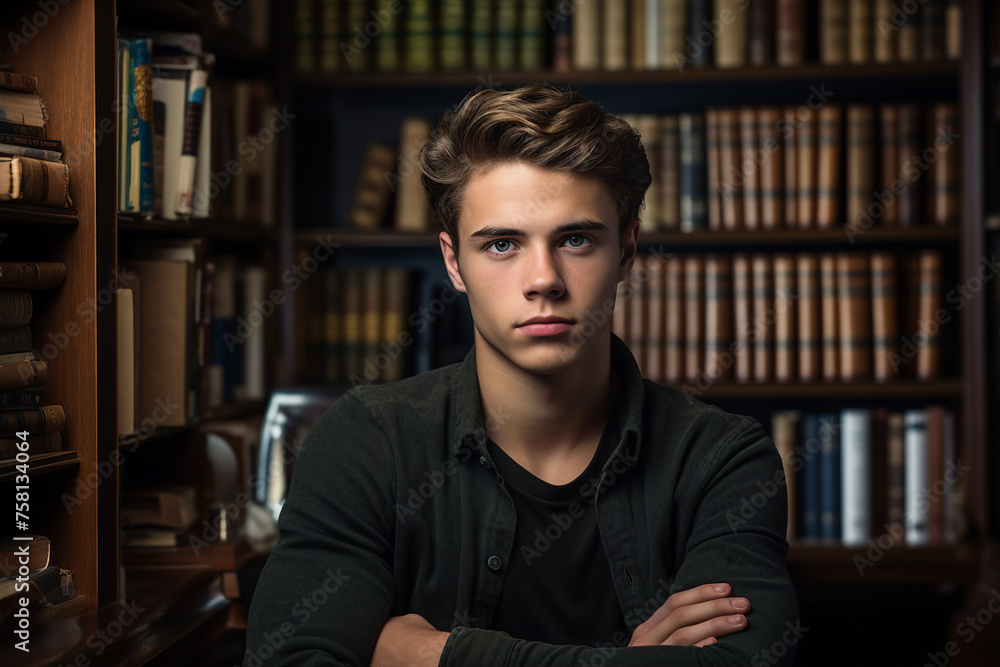 Generative AI photo of attractive clever smart student in library against bookshelf Generative AI photo of attractive clever smart student in library against bookshelf