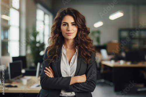 Free Download Generative AI image of female leader girl business woman posing crossed hands looking at camera in office - GFXLoad