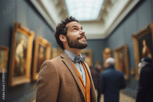 Generative AI image of a man admiring a painting in a museum