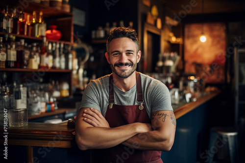 Generative AI image of nice handsome businessman cafe owner indoors