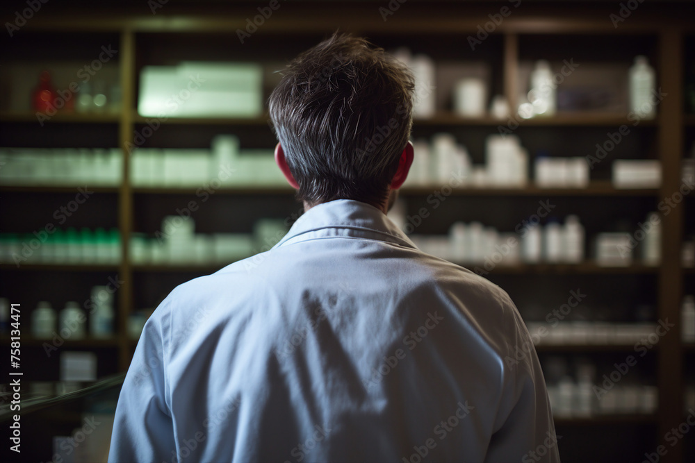 Fototapeta premium Smiling cheerful confident pharmacist in drugstore store shop Generative AI