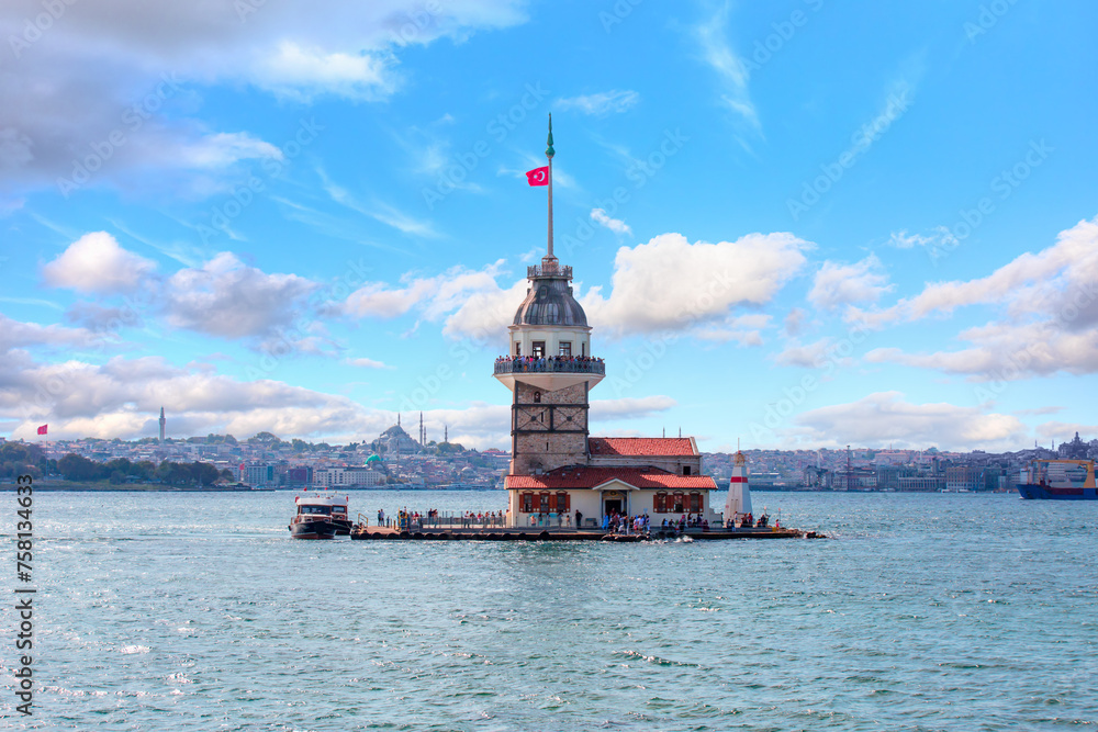 istanbul Maiden Tower (kiz kulesi) at bright blue sky - Istanbul, Turkey