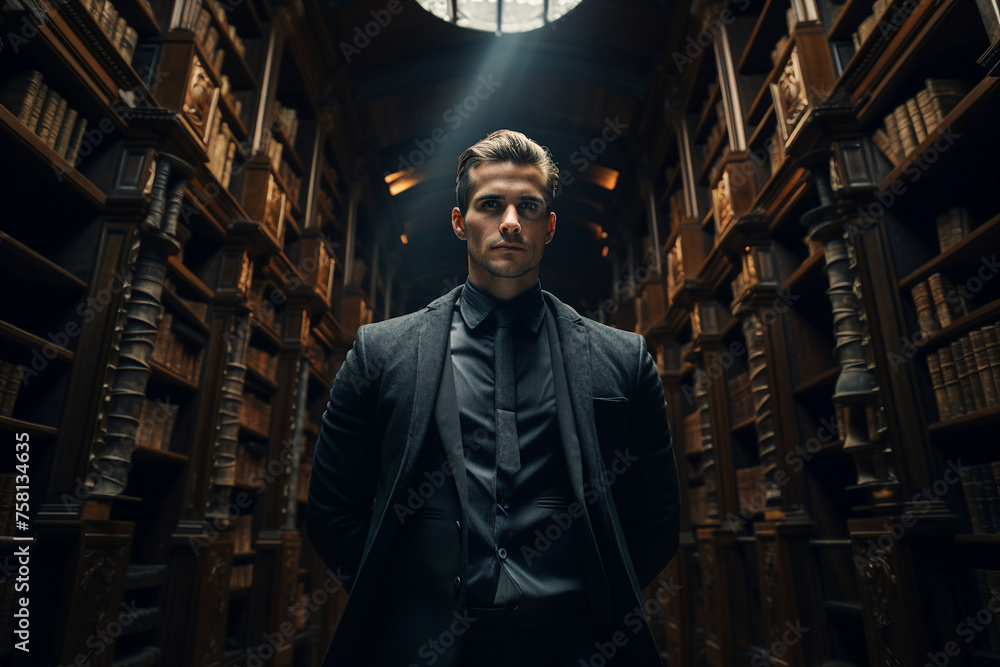 A young businessman reading a book in library dark rooom generated by AI A young businessman reading a book in library dark rooom generated by AI