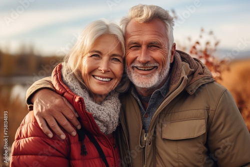 Generative AI image photo of cheerful beautiful elderly sweet couple walking together city street outdoors