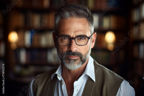 Middle age male librarian or college teacher standing in library in front of book shelves generated by AI photo