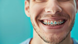 Smiling man with braces mouth. 