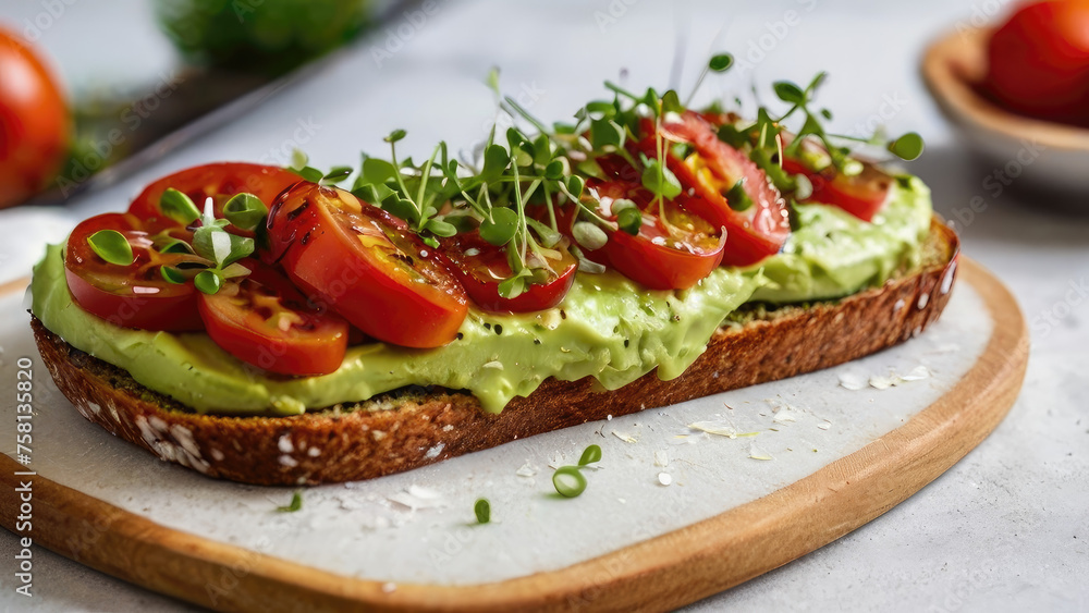 Close-up photograph of a sandwich crafted with dark rye bread, spread with a velvety sauce, adorned with sliced tomatoes, and topped with delicate microgreens, presenting a harmonious blend of flavors