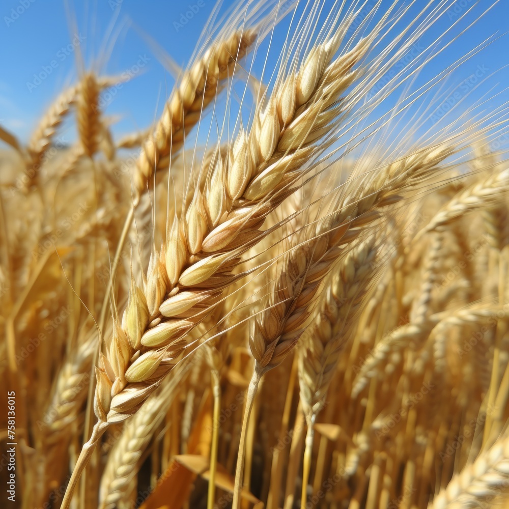 A field of golden wheat with a clear blue sky in the background. The wheat is tall and full, with a few brown tips. Concept of abundance and growth, as well as the beauty of nature A field of golden wheat with a clear blue sky in the background. The wheat is tall and full, with a few brown tips. Concept of abundance and growth, as well as the beauty of nature