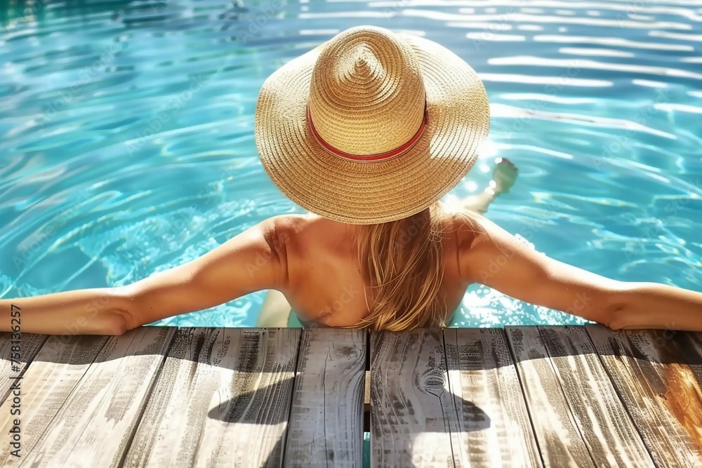 Woman in hat relaxing at the pool. generative ai