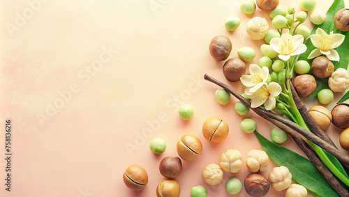 Macadamia and Vanilla Composition on Pastel Background. Free space for text  title or product description. Mockup for product advertisement. Top view.