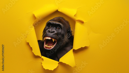 An intense gorilla showing aggression as it breaks through the yellow paper, expressing power