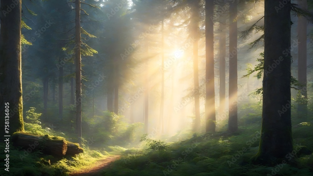 Mysterious dark forest with fog and sunbeams in the morning