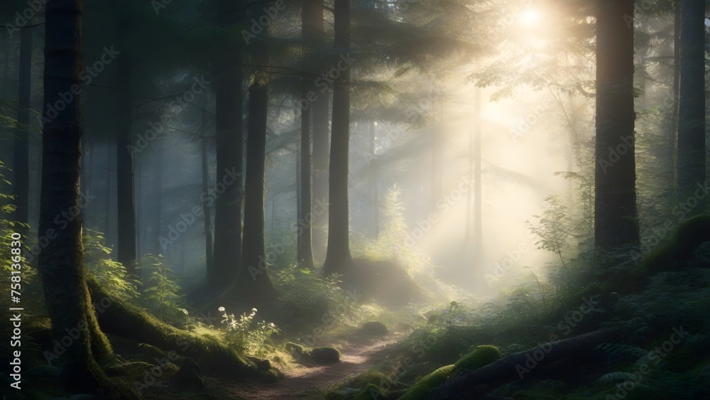 Mysterious dark forest with fog and sunbeams in the morning