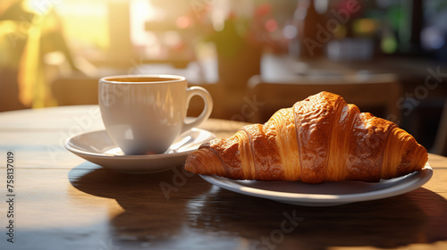 A cup of coffee with pastry croissant or cake on the table in a cafe.