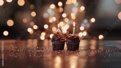 Dos Magdalenas de chocolate decoradas con una vela sobre una mesa y fondo con luces para fiesta de cumpleaños o celebración sorpresa photo