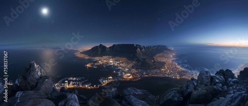 Panoramic moonlit table mountain view from lion’s head, cape town, south africa - majestic nighttime landscape