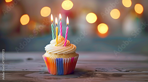 pastel de cumpleaños hecho en casa decorado con cuatro velas de colores para celebrar fiesta. photo
