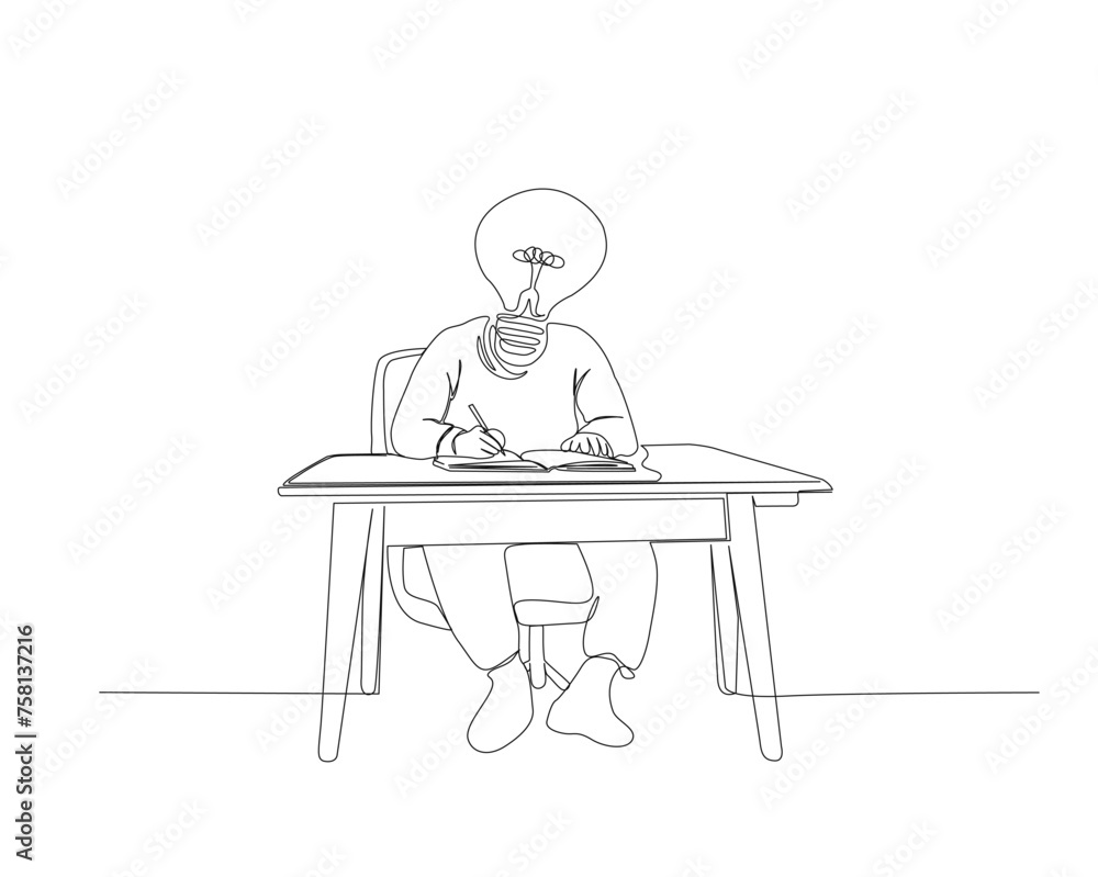 Continuous one line drawing of man with bulb head is writing on the table. Smart student concept in single outline vector illustration. Editable stroke.