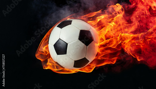 Burning soccer or football ball with smoke. Hot orange flame. Active sport. Black background.