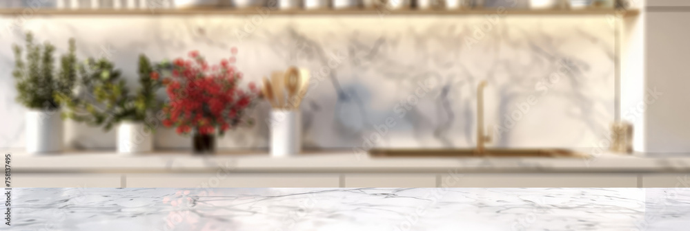 Empty beautiful marble table top counter and blur bokeh modern kitchen interior background in clean and bright,Banner, Ready for product montage Empty beautiful marble table top counter and blur bokeh modern kitchen interior background in clean and bright,Banner, Ready for product montage