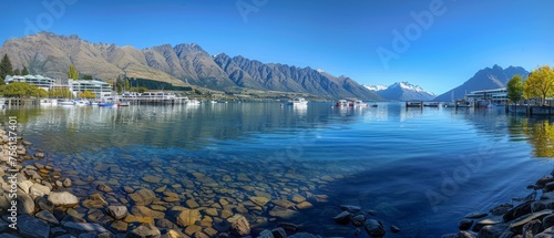 Scenic panoramic view of queenstown harbor on december 24th, 2014 - stunning waterfront landscape in new zealand