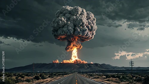Nuclear explosion day or night. Stormy sky, shock wave against the background of a nuclear fungus in the process of releasing thermal and radiant energy as a result of an uncontrolled nuclear fission photo