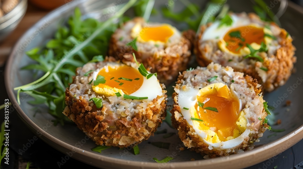 Savory Surprise of Hard-boiled Egg and Sausage Meat Wrapped in Golden Breadcrumbs A British Breakfast Delight