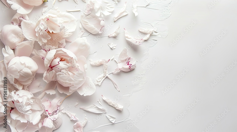 broken peonies against a white background, offering plenty of empty space for text, evoking a sense of delicate elegance and artistic expression. broken peonies against a white background, offering plenty of empty space for text, evoking a sense of delicate elegance and artistic expression.