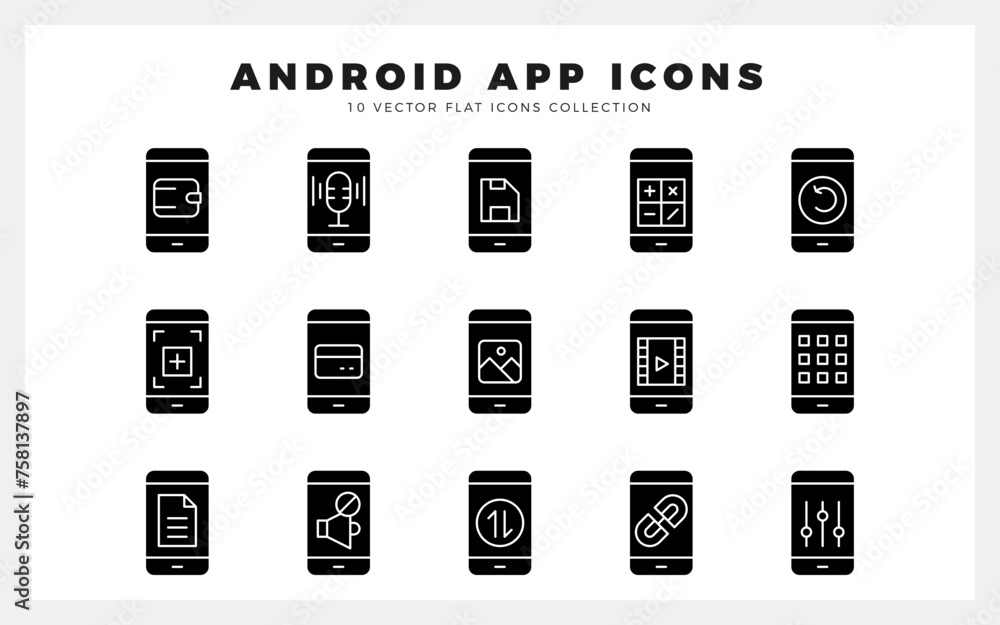 15 Android App Glyph icon pack. vector illustration. 15 Android App Glyph icon pack. vector illustration.