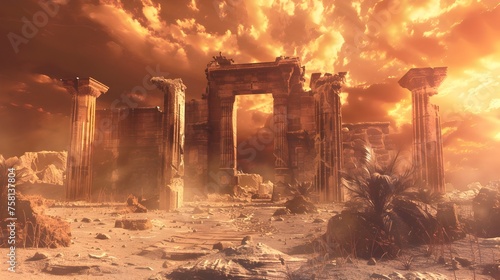 Lost Civilization: Ancient Greek Temple Ruin Under Burning Sky at Dusk photo