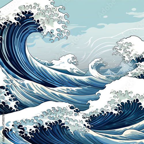 Blue background with white waves created with Generative Ai © Maria
