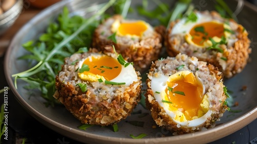 Savory Surprise of Hard-boiled Egg and Sausage Meat Wrapped in Golden Breadcrumbs A British Breakfast Delight