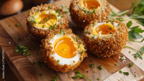 Scotch Eggs Gourmet Delight with Golden Crust and Fresh Herbs on a Vintage Wooden Board
