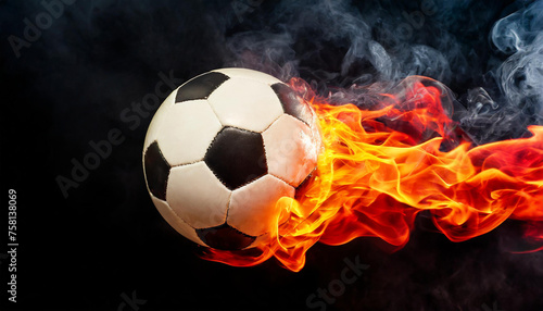 Burning soccer or football ball with smoke. Hot orange flame. Active sport. Black background.