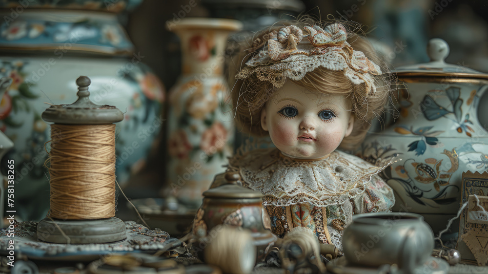Porcelain doll among vintage items