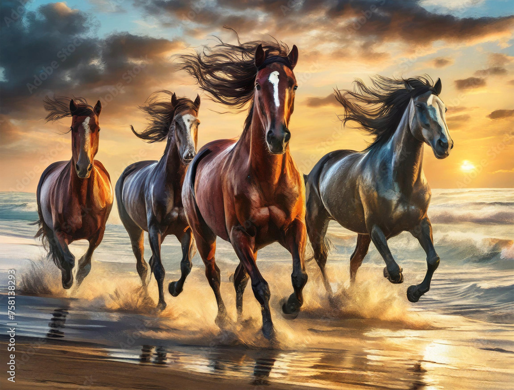 Wild horses running on a beach, illustration. Wild horses running on a beach, illustration.