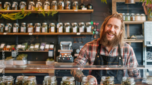 Smiling confident male budtender, worker or owner of cannabis dispensary