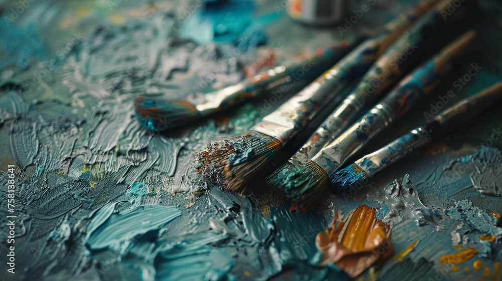 Paintbrushes on a painted canvas Paintbrushes on a painted canvas