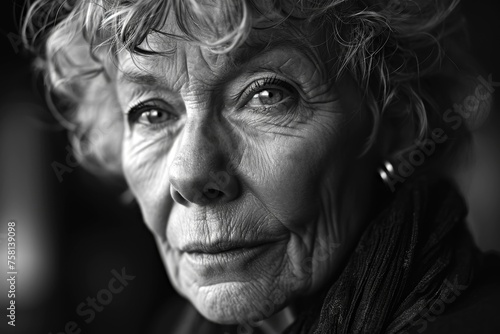 Portrait d'une vieille femme, plan 3/4, portant. des vêtements élégants, pleins de fierté, de ses qualités uniques et de sa personnalité photo