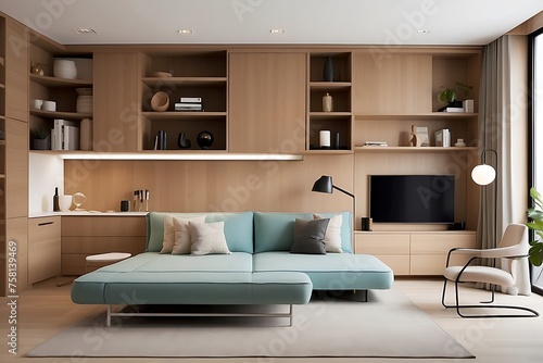 Luxury living room interior with sofa, coffee table and bookshelves