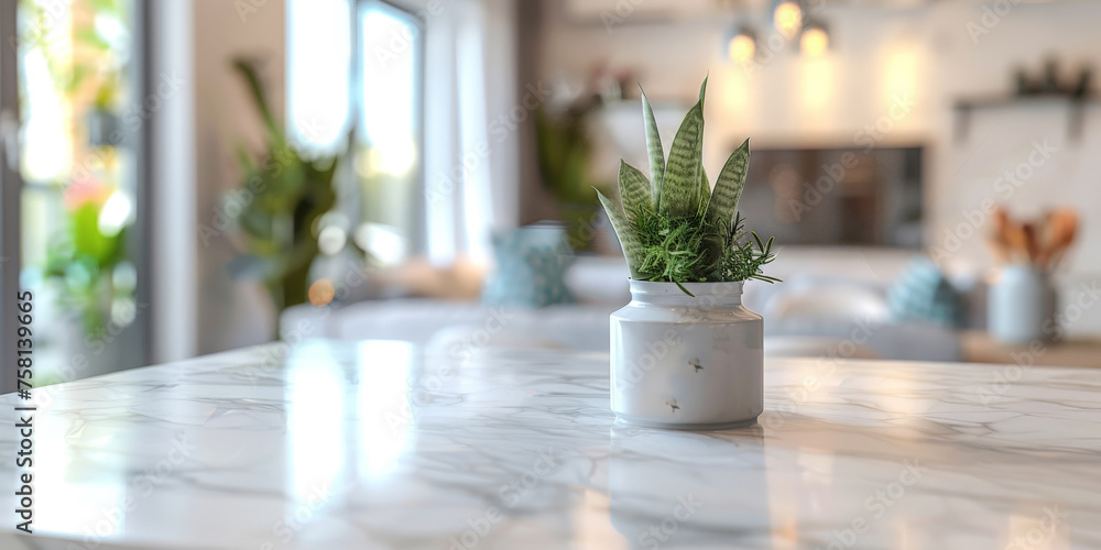 Empty beautiful marble table top counter and blur bokeh modern kitchen interior background in clean and bright,Banner, Ready for product montage Empty beautiful marble table top counter and blur bokeh modern kitchen interior background in clean and bright,Banner, Ready for product montage