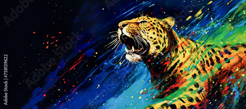 Fototapeta Naklejka Na Ścianę i Meble -  Abstract digital illustration art of tiger with splatter colorful showing body gesture jumping and expression emotion of face.colorful printing animal background.pop art style