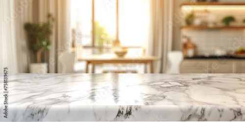 Empty beautiful marble table top counter and blur bokeh modern kitchen interior background in clean and bright Banner  Ready for product montage