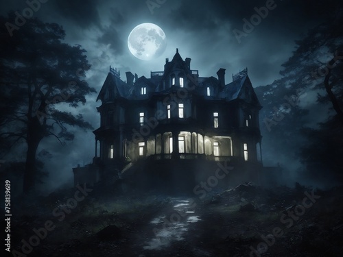 "Midnight Haunting: Forsaken Manor Bathed in Moon's Glow"