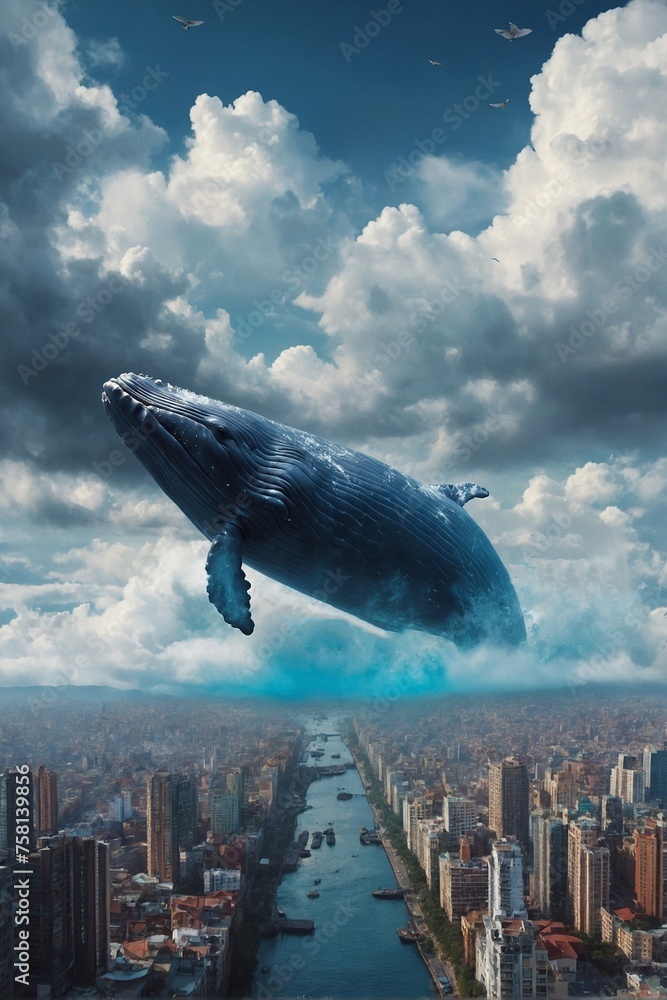 Whales flying over the city, fantasy environment Whales flying over the city, fantasy environment