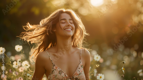 A young woman smiling in nature at sunset