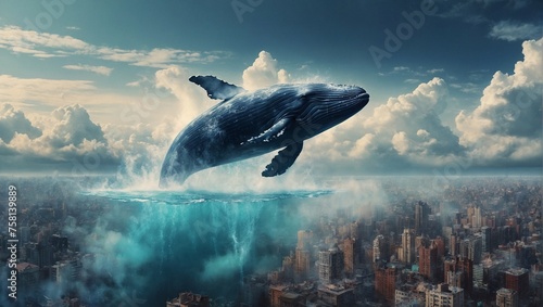 Whales flying over the city, fantasy environment © Viewvie