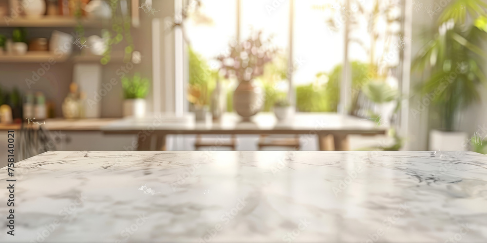 Empty beautiful marble table top counter and blur bokeh modern kitchen interior background in clean and bright,Banner, Ready for product montage - obrazy, fototapety, plakaty 