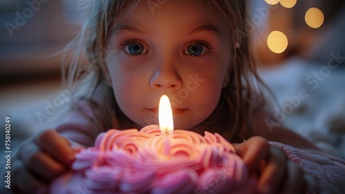A young girl blowing out a candle on a cake