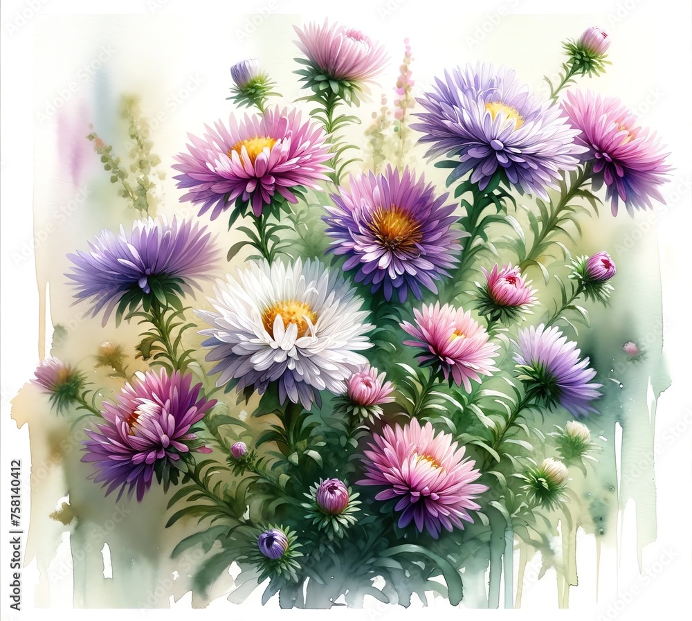 Watercolor painting of Aster Flowers Watercolor painting of Aster Flowers